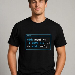 Koszulka „Kocham C++” | Zabawny prezent dla programisty | Koszulka unisex z kodem terminala retro | Prezent dla programisty oprogramowania