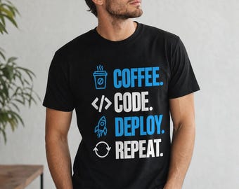 Coffee Code Deploy Repeat T-Shirt | Funny Programmer Gift | Neon Tech Humour Unisex Tee | Software Developer Present