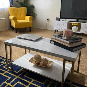 Marble Living Room 2 Tier White Gold Marble Pattern Cocktail Coffee Table