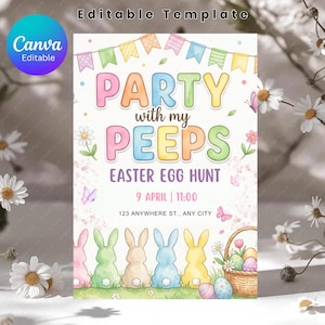 Uitnodiging voor paasfeest feest met mijn peeps, uitnodiging Happy Rabbit Easter Egg Hunt, digitale download, bewerkbare canva-sjabloon