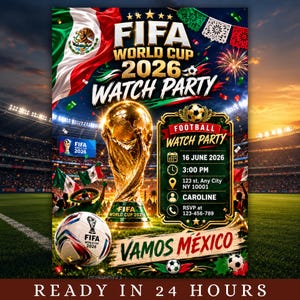 以下が含まれることがあります： FIFAワールドカップ2026のウォッチパーティー用チラシ。金色のトロフィー、サッカーボール、メキシコ国旗が描かれています。テキストにはFIFA WORLD CUP 2026 WATCH PARTY、16 JUNE 2026、3:00 PM、123 st, Any City, NY 10001、CAROLINE、123-456-789、VAMOS MÉXICOと記載されています。