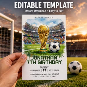 Puede incluir: Una plantilla de invitación de cumpleaños rectangular con una ilustración en acuarela de un trofeo dorado y un balón de fútbol en un campo. El texto incluye PLEASE JOIN US, JONATHAN 7TH BIRTHDAY, TUESDAY SEPTEMBER 13 AT 11.00 AM, 123 ANYWHERE ST.