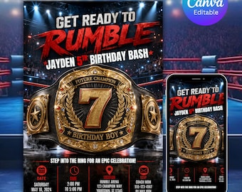 Wrestling Birthday Invitation, Customized Championship Belt, Boxing MMA Ticket Invite, Digital Template, Printable Bday Card