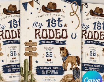 My First Rodeo Birthday Invitation, Cowboy 1st Birthday Boy Invite, Editable Western Canva Template, Rustic Party Invite, Printable Download