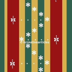 Peut inclure: Motif vertical avec des rayures rouges, dorées et vertes, orné de motifs floraux et de points blancs. Le texte "kcreativearticles" est inclus.