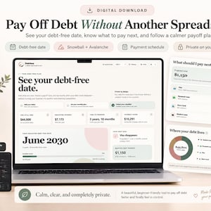 May include: A digital download for a debt payoff planner displayed on a laptop screen, a smartphone, and two floating cards. The interface features text including Pay Off Debt Without Another Spreadsheet, debt-free date, and payment schedules.