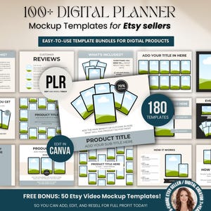 Puede incluir: Imagen promocional de plantillas de maquetas de planificadores digitales para vendedores de Etsy. La imagen presenta varias maquetas, incluyendo plantillas para títulos de productos, reseñas de clientes y una bonificación de 50 plantillas de maquetas de vídeo. El texto incluye "100+ Digital Planner Mockup Templates".