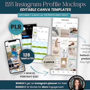 Op de afbeelding: Een advertentie voor 128 Instagram-profielmockups, bewerkbare Canva-sjablonen. De afbeelding bevat een smartphone met Instagram-berichten, samen met verschillende Instagram-profielmockups. Tekst bevat "Pas het aan en geniet meteen van alle winst!" en "Instagram-mockups zijn een van de populairste digitale producten op Etsy!"