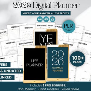 May include: Digital planner for 2026 with 10 covers, dated and undated, and hyperlinked. Includes a life planner and ultimate planner. Features over 100 pages and 3 free bonuses: goal planner, habit trackers, and vision board.