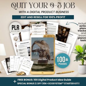 May include: An advertisement for a digital product business, featuring a tablet displaying a book cover with the text "Quit Your 9-5 Job." The image includes documents, a lamp, a plant, and text that reads "Edit and Resell for 100% Profit."