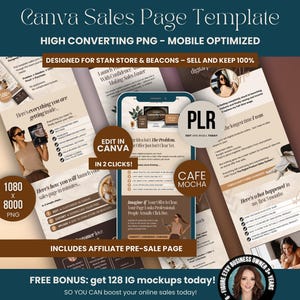 May include: A Canva sales page template graphic with the text "Canva Sales Page Template" and "High Converting PNG - Mobile Optimized." The design includes mockups, a phone, and the text "Edit in Canva in 2 clicks!"