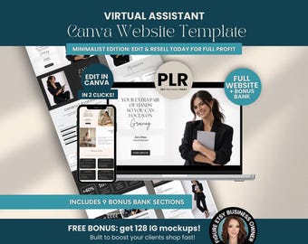 Plantilla minimalista para sitio web de asistente virtual en Canva (PLR), sitio web editable para asistente virtual + banco de bonos