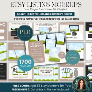 May include: An Etsy listing mockup graphic with the text "ETSY LISTING MOCKUPS" and "For Digital & Printable Products." The image includes various templates, backgrounds, and scenes, with the text "GRAB THIS BESTSELLER AND EARN 100% PROFIT."