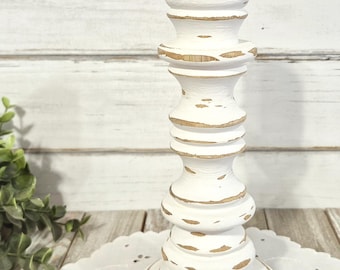 White Distressed Candlestick Holder Cottagecore Decor Rustic Farmhouse Candle Stand