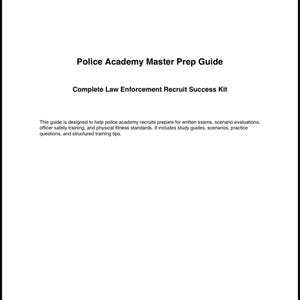 Peut inclure: Un document blanc avec du texte noir. Le titre est « Police Academy Master Prep Guide » et « Complete Law Enforcement Recruit Success Kit ». Le texte ci-dessous décrit le but du guide : aider les recrues de l'académie de police à se préparer aux examens, à la formation et aux normes de condition physique.