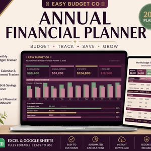 May include: A digital financial planner displayed on a laptop and tablet. The screen shows financial data, charts, and the text "Annual Financial Planner 2026." The design includes icons for budget tracking, bill calendars, and debt management.