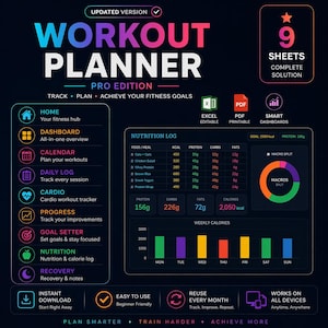 Może przedstawiać: Cyfrowy planer treningowy z ciemnym tłem i kolorowym tekstem. Tytuł "WORKOUT PLANNER" jest widoczny. Zawiera dziennik odżywiania, tygodniowy tracker kalorii oraz sekcje do śledzenia postępów i wyznaczania celów.