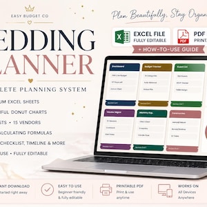 May include: A laptop displaying a wedding planner interface, with an Excel file icon and a PDF file icon. The planner includes budget tracking, guest lists, and vendor management. The text reads "Wedding Planner" and "Complete Planning System."