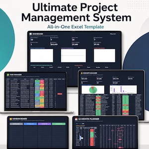 Peut inclure: Un système de gestion de projet complet sous forme de modèle Excel affiché sur plusieurs écrans. L'interface présente des tableaux de bord en mode sombre incluant un gestionnaire de tâches, un budget, un tableau Kanban et un planificateur.