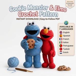 Könnte beinhalten: Eine Häkelanleitung für Krümelmonster und Elmo, mit einem blauen Monster, das einen braunen Keks hält, und einem roten Monster. Der Text lautet Cookie Monster & Elmo Crochet Pattern, Instant Download, Easy-to-Follow PDF und Available in 7 Languages.