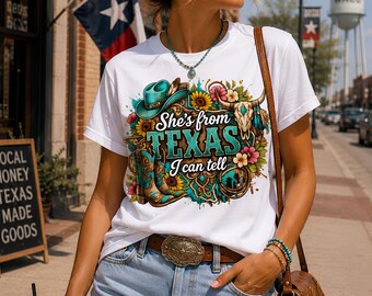 She's From Texas I Can Tell png, Texas Cowgirl png, Western Girl Shirt Design, Southern Country Girl Graphic, Rodeo Cowgirl png