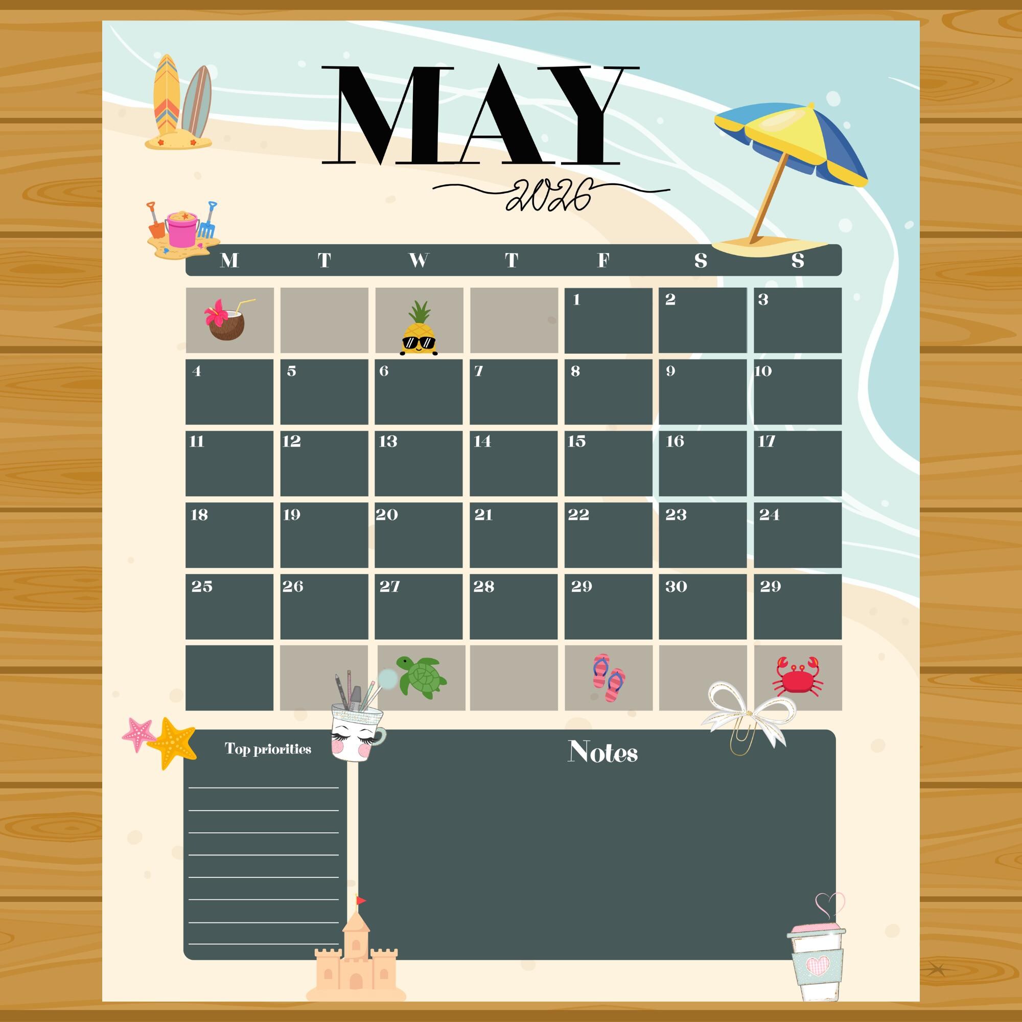 Spring Calender May Editable May 2026 Calendar Hello Spring With Cute Seaview Mother's Day ...