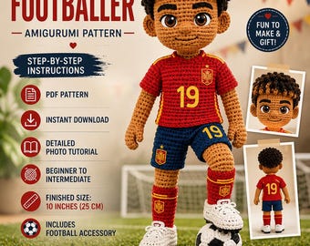 Crochet Footballer Amigurumi Pattern PDF, Soccer Player Crochet Tutorial, Football Doll Pattern, Beginner to Intermediate, Instant Download