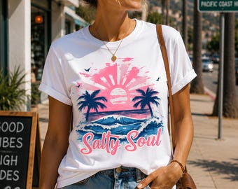 Salty Soul png, Beach Sunset png, Coastal Summer Shirt Design, Ocean Lover png, Palm Tree Graphic, Retro Beach Vacation png,