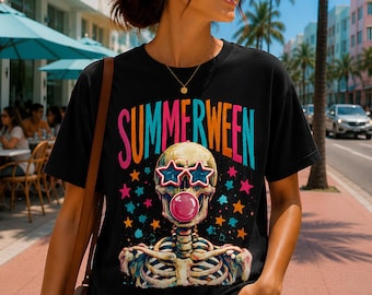 Summerween skelet png, grappige zomer Halloween sublimatie ontwerp, kauwgom schedel shirt png, spookachtige zomer afbeelding, digitale download