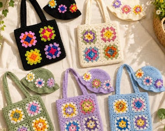 Crochet Granny Square Tote Bag and Bucket Hat Pattern (PDF Download)