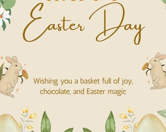 Happy Easter Day Greeting Card with Bunnies and Floral Design
