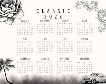 2026 Classic Yearly Calendar, Vintage Floral Minimalist Planner (Digital Download)