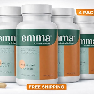 PAQUETE DE 4 Suplemento Emma para la salud intestinal, avalado por médicos, 60 cápsulas - Alivio de los gases
