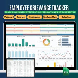 Può includere: Una dashboard di monitoraggio dei reclami dei dipendenti visualizzata su uno schermo di computer e un tablet, con grafici e tabelle di dati. L'interfaccia include sezioni per Dashboard, Case Log, Investigation, Resolution Status e Policy Links.