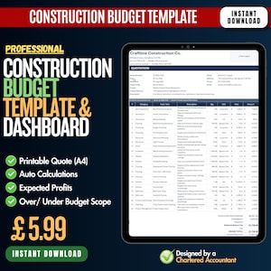 May include: A digital construction budget template and dashboard displayed on a tablet screen. The document features a detailed quotation table with columns for category, task, description, quantity, unit, rate, and amount for renovation projects.