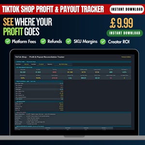 May include: A digital TikTok Shop Profit & Payout Tracker spreadsheet displayed on a laptop screen. The interface features key performance indicators, profit waterfall data, fee breakdowns, and executive alerts for managing e-commerce sales.