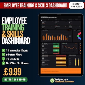 Puede incluir: Una plantilla digital de panel de control de formación y habilidades de empleados mostrada en una pantalla de tableta. La interfaz presenta un tema oscuro con visualizaciones de datos en naranja y verde, incluyendo gráficos de barras y líneas.