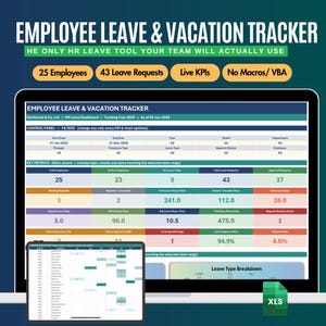 Könnte beinhalten: Ein digitales Tool zur Nachverfolgung von Mitarbeiterurlaub und Abwesenheiten, dargestellt auf einem Laptop-Bildschirm und einem Tablet. Die Benutzeroberfläche zeigt ein Dashboard mit Kennzahlen, Urlaubsanfragen und einer Aufschlüsselung der Urlaubstypen.