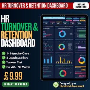 May include: A digital HR Turnover & Retention Dashboard displayed on a tablet screen, featuring 14 interactive charts, 8 dropdown filters, and data visualizations including pie charts, bar graphs, and line trends on a dark blue background.