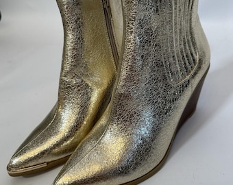 GOLD COWBOY Ankle Boots Größe 9 Keilabsatz Glam Rocker Cowgirl