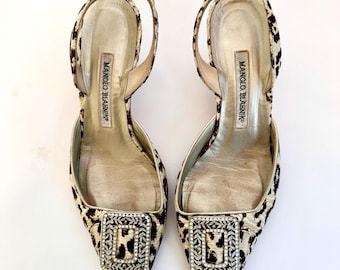 Manolo Blahnik Jewel Toe Slingback Heels Size 8 – Leopard Print, Rhinestone Embellished