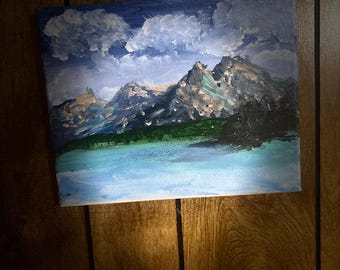 Original Mountain Landscape Acrylic Painting, Mini Canvas Nature Art, Textured Mountain Lake Wall Decor.