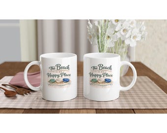 The Beach is My Happy Place Mug - Beachcomber Gift, Sea glass Lover Mug, Coastal Coffee Cup, Handmade Beach Decor