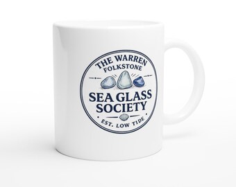 Warren Folkstone Sea Glass Society Mug, Coastal Beach Lover Gift, Ceramic Coffee Cup, Ocean Inspired Drinkware, Unique Sea Glass Gift