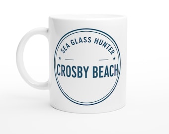 Sea Glass Hunter Mug - Crosby Beach - White Ceramic Coffee Cup - Unique Beachcomber Gift