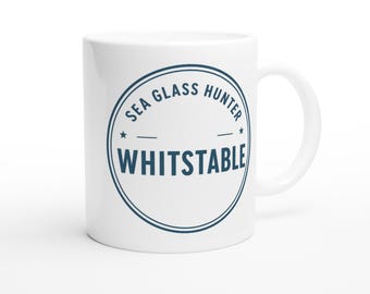 Sea Glass Hunter Mug - Whitstable - White Ceramic Coffee Cup - Unique Beachcomber Gift