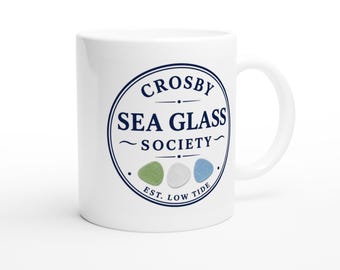 Crosby Sea Glass Society Mug, Coastal Beach Decor Ceramic Coffee Cup, Personalized Sea Glass Gift for Ocean Lovers, Unique Beach House Mug