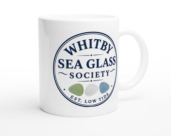 Whitby Sea Glass Society Mug, Coastal Beach Lover Gift, Sea Glass Collector Ceramic Mug, Unique Beach Gift