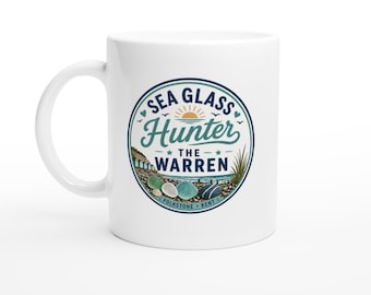 Sea Glass Hunter Mug - "The Warren" Folkestone Kent - White Ceramic Coffee Cup - Unique Beachcomber Gift