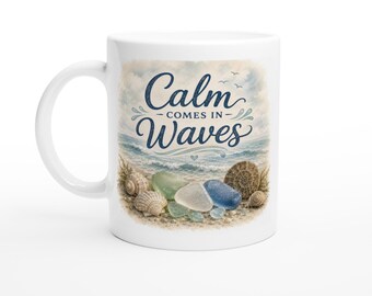 Seaglass "Calm Comes in Waves" Mug | Beach Lover Gift | Handmade Ceramic Coffee Cup | Coastal Home Decor